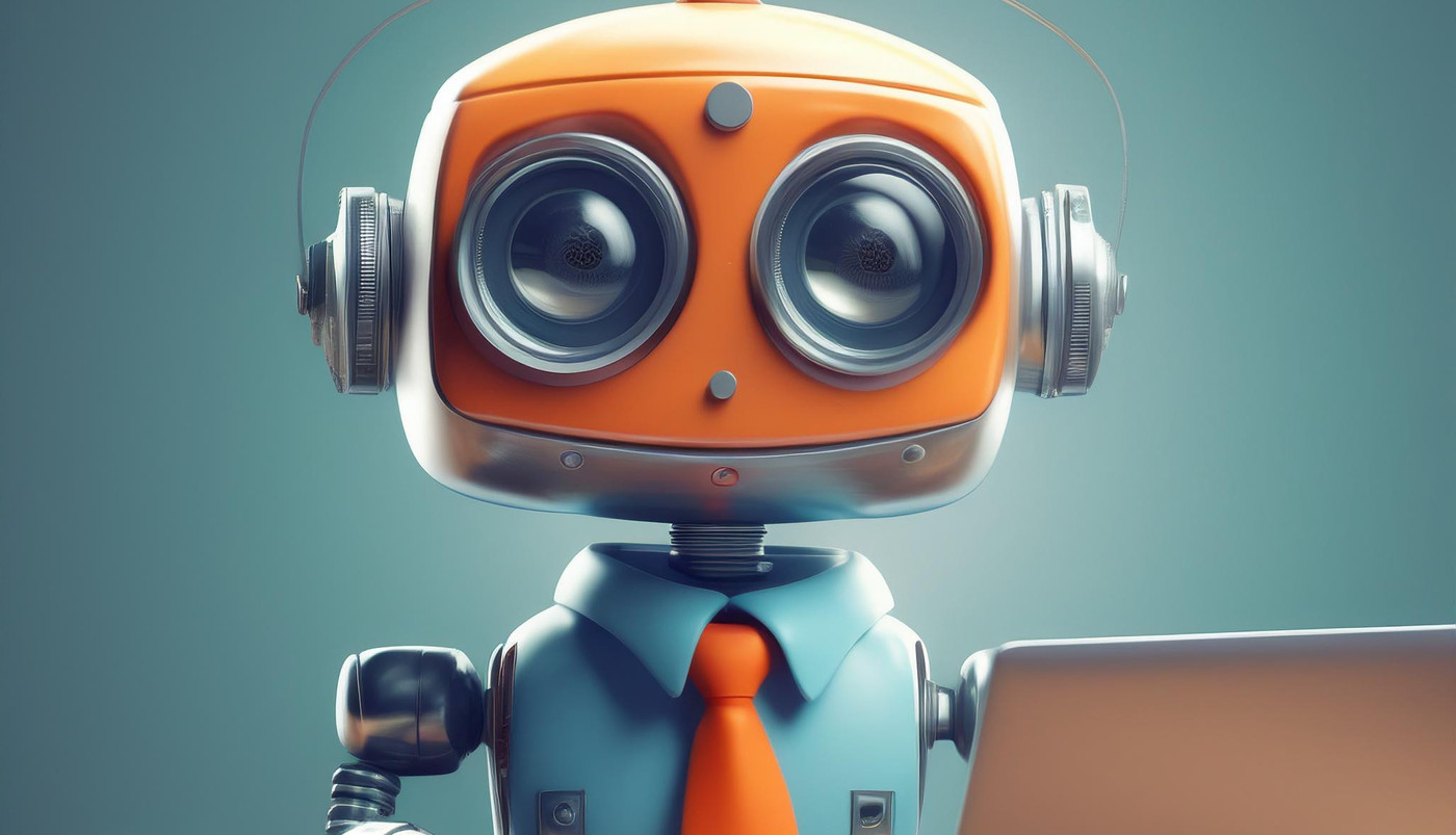 Firefly Niedlicher Roboter Im Büro, Der Am Schreibtisch Mit Laptop Mit Blauem Hemd Und Orangefarbene 2